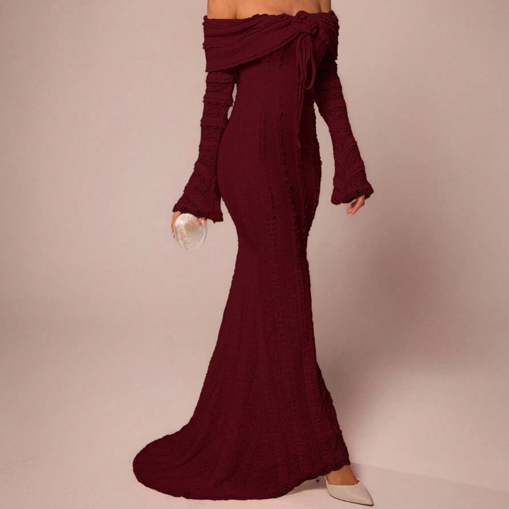 Burgundy Elegant Women's Off-Shoulder Maxi Dress - Picture 4 of 8